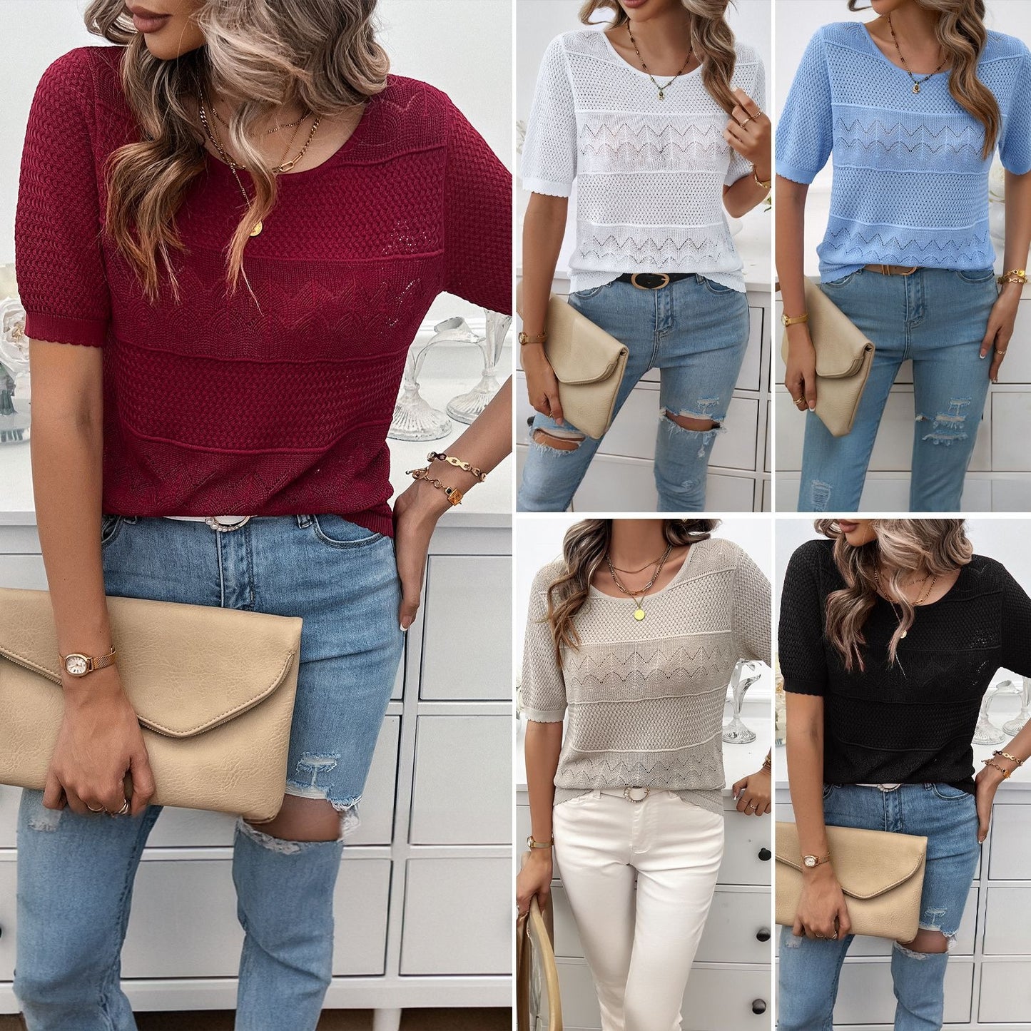 Spring/Summer Women's Style Round Neck Hollow Short Sweater