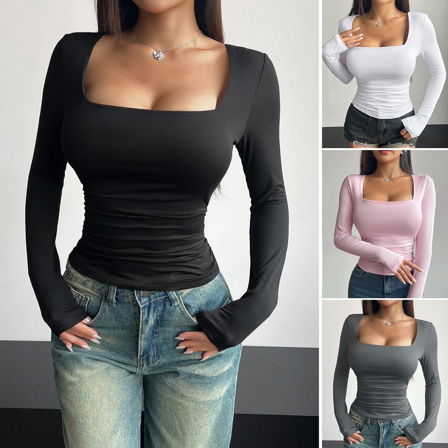 Spring and Summer New Square Neck Long Sleeve Pullover Tight Casual Fashion Top