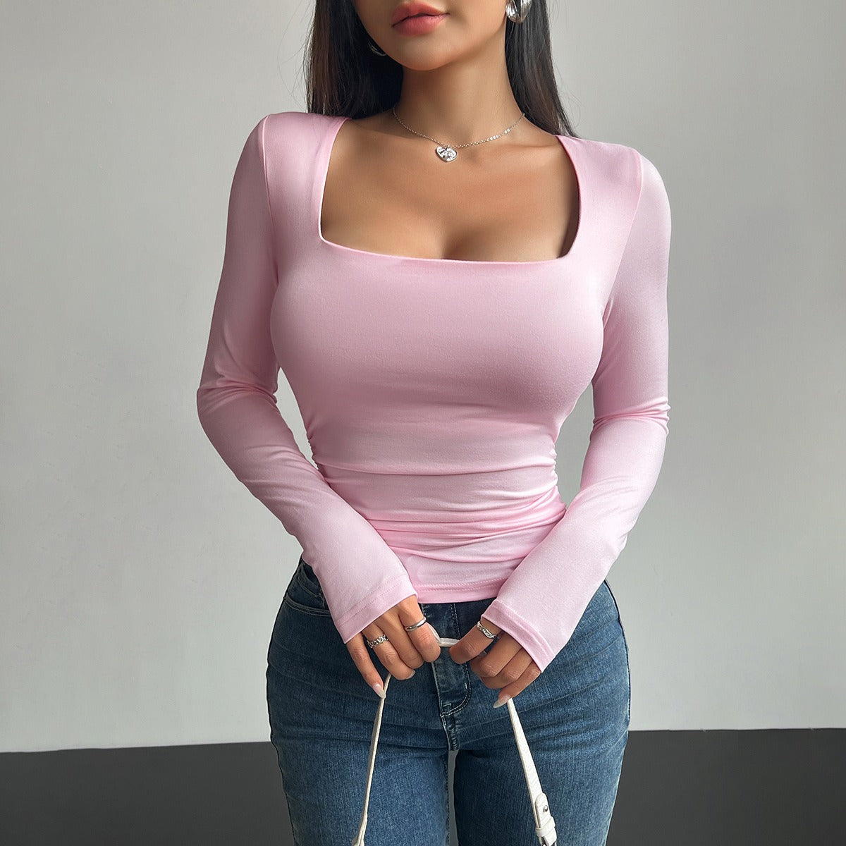 Spring and Summer New Square Neck Long Sleeve Pullover Tight Casual Fashion Top