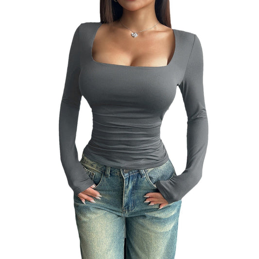 Spring and Summer New Square Neck Long Sleeve Pullover Tight Casual Fashion Top