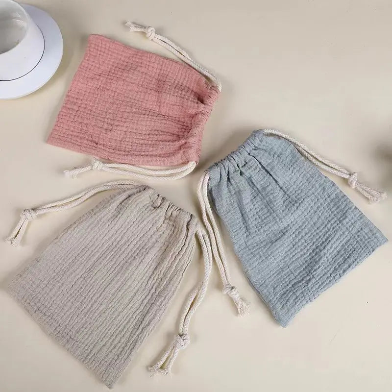 Double Layer Cotton Muslin Baby Bed Bag Solid Color Printing Storage Drawstring Pouch For Kids