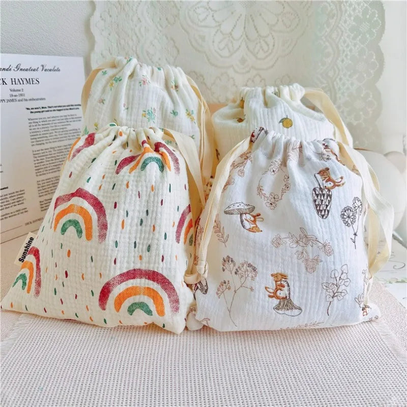 Natural Cotton Mommy Storage Bags Outdoor Baby Diaper Carrier Cute Sunshine Rainbow Printing Drawstring Pouches