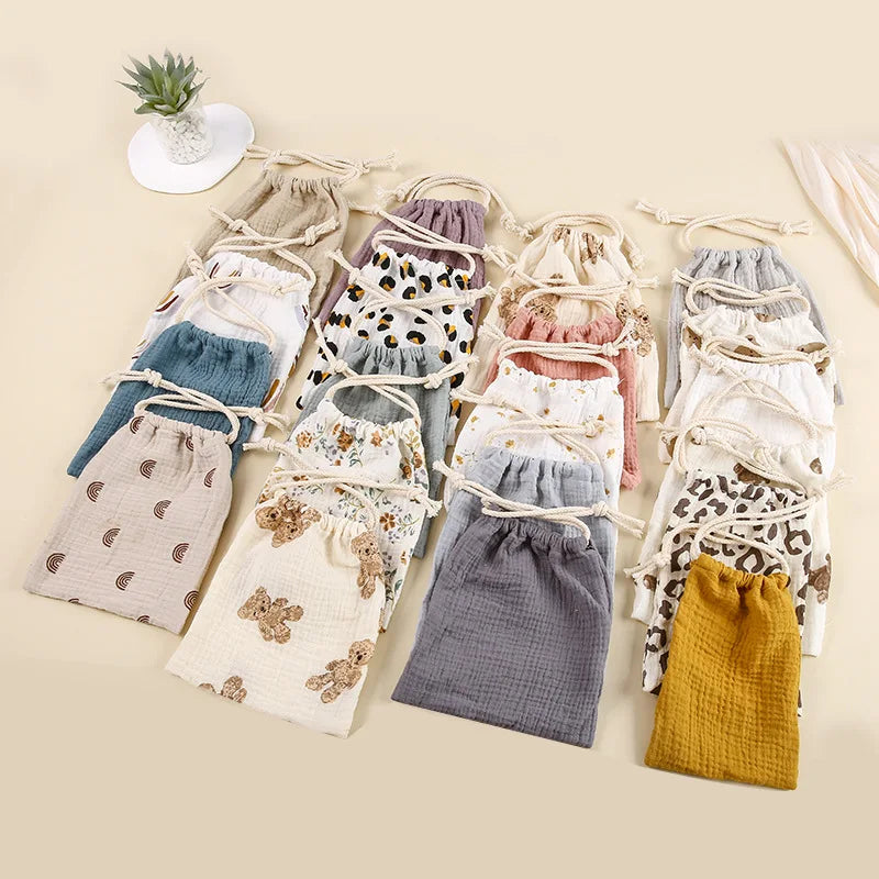 Double Layer Cotton Muslin Baby Bed Bag Solid Color Printing Storage Drawstring Pouch For Kids