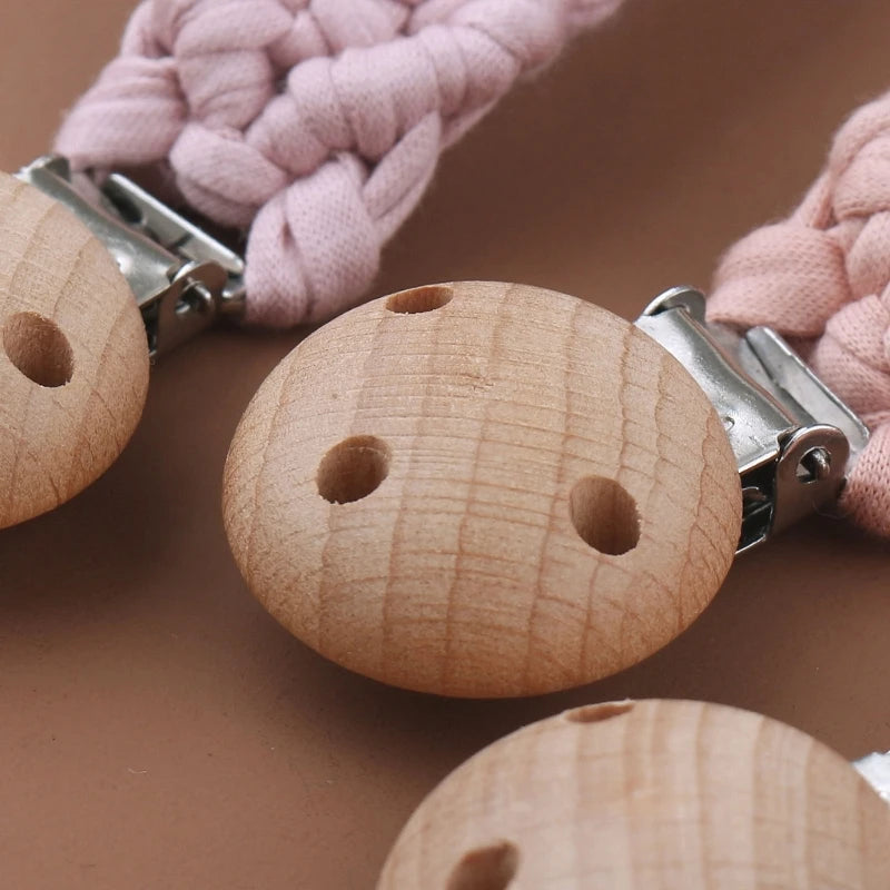 Vintage Crochet Baby Anti-drop Soother Pacifier Chain Nipple Dummy Holder Clips Woven Cotton Beech Wood Pacifier Clip