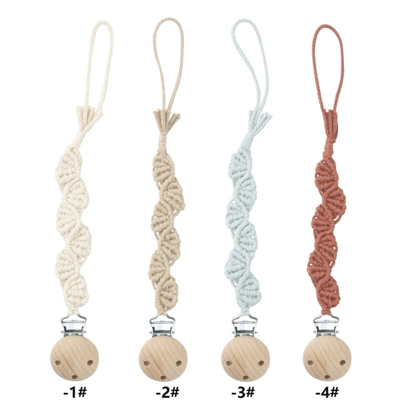 Vintage Crochet Baby Anti-drop Soother Pacifier Chain Nipple Dummy Holder Clips Woven Cotton Beech Wood Pacifier Clip