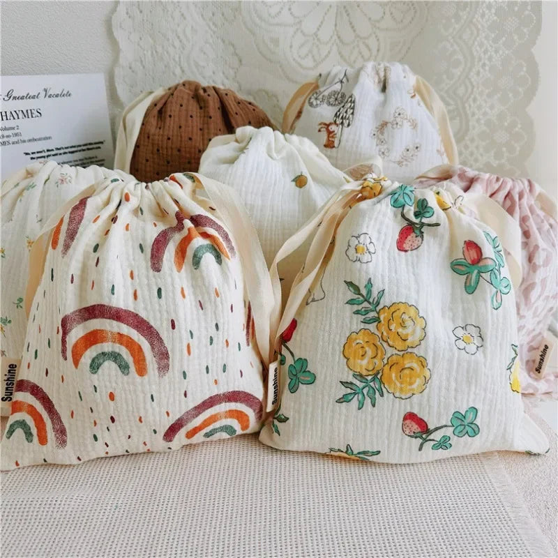 Natural Cotton Mommy Storage Bags Outdoor Baby Diaper Carrier Cute Sunshine Rainbow Printing Drawstring Pouches