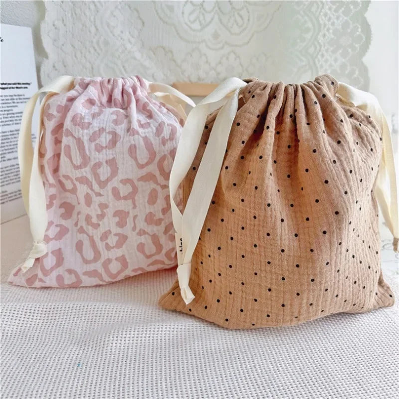Natural Cotton Mommy Storage Bags Outdoor Baby Diaper Carrier Cute Sunshine Rainbow Printing Drawstring Pouches