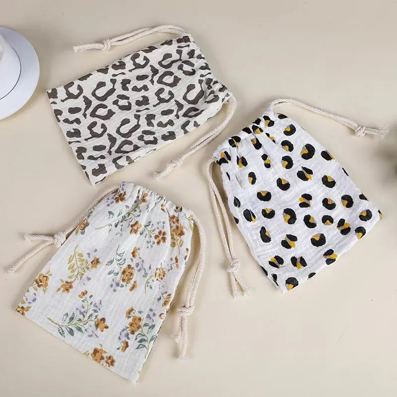 Double Layer Cotton Muslin Baby Bed Bag Solid Color Printing Storage Drawstring Pouch For Kids