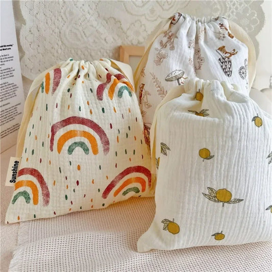 Natural Cotton Mommy Storage Bags Outdoor Baby Diaper Carrier Cute Sunshine Rainbow Printing Drawstring Pouches