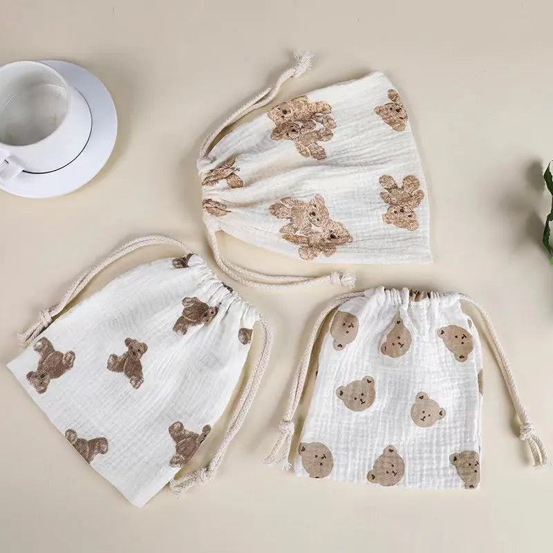 Double Layer Cotton Muslin Baby Bed Bag Solid Color Printing Storage Drawstring Pouch For Kids