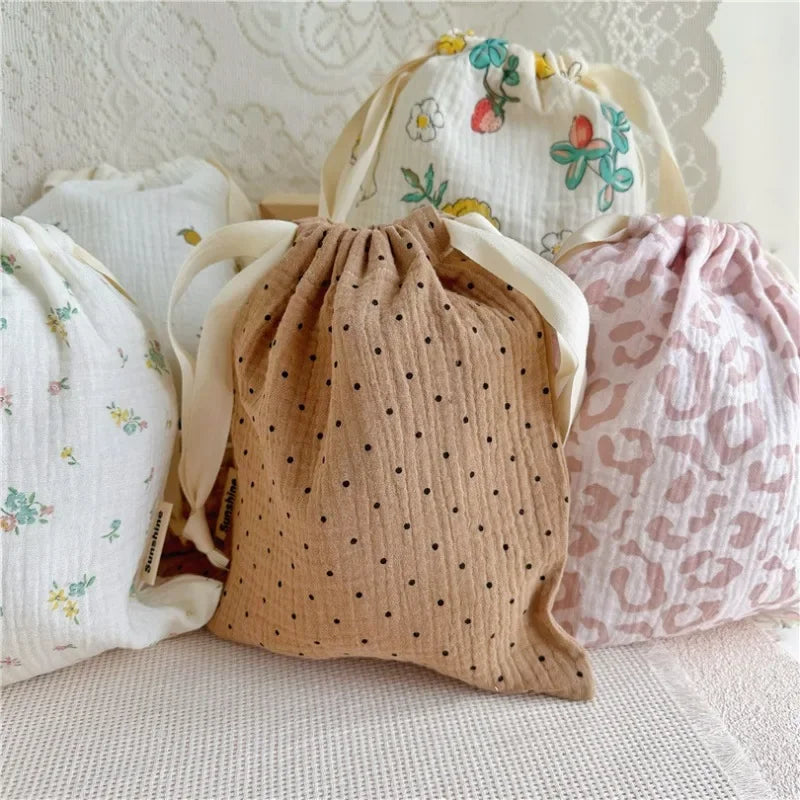 Natural Cotton Mommy Storage Bags Outdoor Baby Diaper Carrier Cute Sunshine Rainbow Printing Drawstring Pouches
