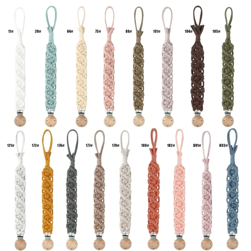Vintage Crochet Baby Anti-drop Soother Pacifier Chain Nipple Dummy Holder Clips Woven Cotton Beech Wood Pacifier Clip