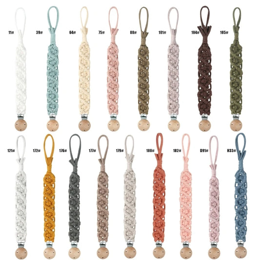 Vintage Crochet Baby Anti-drop Soother Pacifier Chain Nipple Dummy Holder Clips Woven Cotton Beech Wood Pacifier Clip